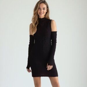 NWOT Free People Ava Smocked Mini Dress Bodycon Stretch Black Matching Gloves M